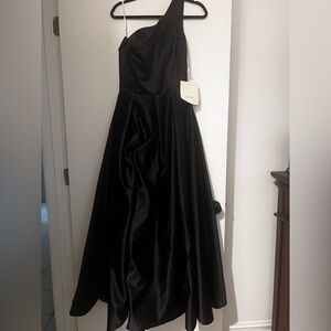 One-Shoulder Black Satin Prom Gown